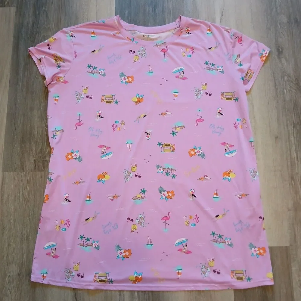 Joyspun Plus Size 2X-3X Pink Tropical Vacation Nightgown Sleep Dress - Picture 1 of 5